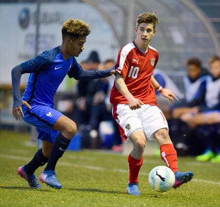 SOCCER - U17 U 17 EURO quali, AUT vs FRA ROHRBACH,AUSTRIA,23.MAR.17 - SOCCER - UEFA European Under-17 Championship, qualifiers, Elite round, OEFB international match Länderspiel Austria vs France. Image shows Maxime Pau (FRA) and Romano Schmid (AUT). GEPAxpictures xMichaelxRiedler