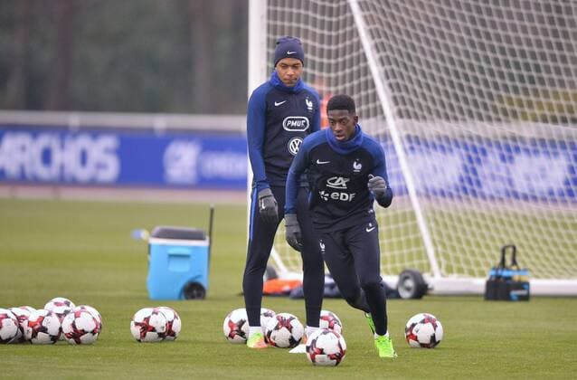 Ousmane Dembele - Kylian Mbappe FOOTBALL : Entrainement Equipe de France - Clairefontaine - 23 03 2017 AnthonyBIBARD FEP Panoramic 