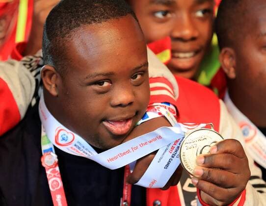 SPECIAL OLYMPICS - SOWWG 2017 GRAZ,AUSTRIA,24.MAR.17 - SPECIAL OLYMPICS, FLOOR HOCKEY - World Winter games Winterspiele Spiele Summer games award ceremony. Image shows a Special Olympics athlete from Uganda. GEPAxpictures xMarioxBuehner