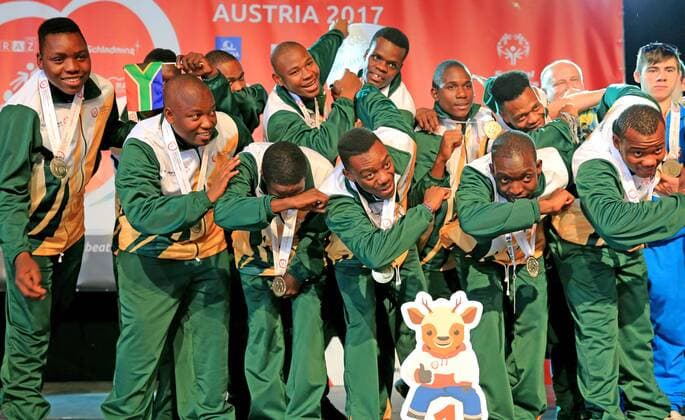 SPECIAL OLYMPICS - SOWWG 2017 GRAZ,AUSTRIA,24.MAR.17 - SPECIAL OLYMPICS, FLOOR HOCKEY - World Winter games Winterspiele Spiele Summer games award ceremony. Image shows a Special Olympics athlete from South Africa. GEPAxpictures xMarioxBuehner