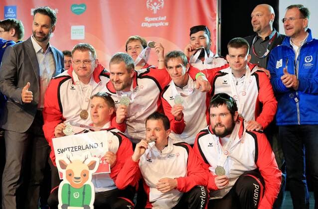 SPECIAL OLYMPICS - SOWWG 2017 GRAZ,AUSTRIA,24.MAR.17 - SPECIAL OLYMPICS, FLOORBALL - World Winter games Winterspiele Spiele Summer games award ceremony. Image shows Philipp Hofer and the Special Olympics team from Switzerland Europe with guests. GEPAxpictures xMarioxBuehner
