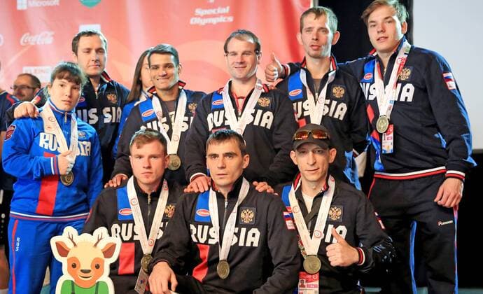 SPECIAL OLYMPICS - SOWWG 2017 GRAZ,AUSTRIA,24.MAR.17 - SPECIAL OLYMPICS, FLOORBALL - World Winter games Winterspiele Spiele Summer games award ceremony. Image shows the Special Olympics team from Russia Europe. GEPAxpictures xMarioxBuehner