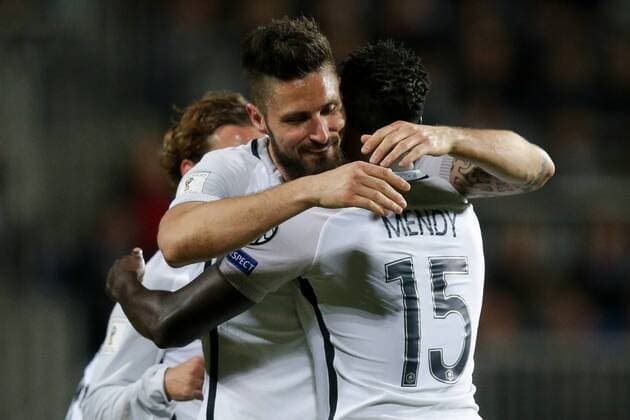 Olivier Giroud (Frankreich 9) jubelt, freut sich, Jubel, Freude mit Benjamin Mendy (Frankreich 15) nach seinem Tor zum 1:3 Fussball WM-Qualifikation 2018, World Cup Qualifiers, Russia 2018 25.03.2017 Luxemburg - Frankreich (Luxembourg vs France) Stade Josy Barthel, Luxemburg 