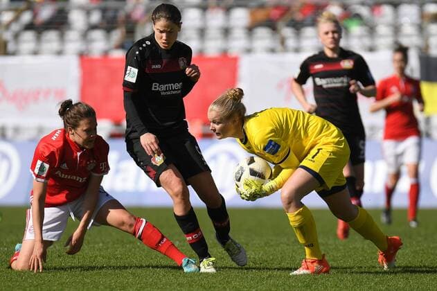 v.li.: Vanessa Bürki (Vanessa Buerki, FC Bayern München, FCB, 9) Annike Krahn (Leverkusen, 5) Anna Klink (Torwart, Leverkusen, 1), Fussball,Allianz Frauen-Bundesliga, FC Bayern München - Bayer 04 Leverkusen, xslx