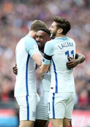 March 26th 2017, Wembley Stadium, London, England; World Cup 2018 Qualification football, England versus Lithuania; Jermain Defoe of England celebrates after scoring his sides 1st goal in the 22nd minute to make it 1-0 with Adam Lallana of England and Eric Dier of England xJohnxPatrickxFletcherx  ActionPlus11860833