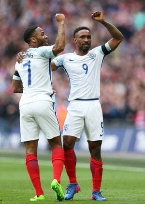 March 26th 2017, Wembley Stadium, London, England; World Cup 2018 Qualification football, England versus Lithuania; Jermain Defoe of England celebrates after scoring his sides 1st goal in the 22nd minute to make it 1-0 with Raheem Sterling of England xJohnxPatrickxFletcherx  ActionPlus11860834