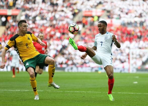 March 26th 2017, Wembley Stadium, London, England; World Cup 2018 Qualification football, England versus Lithuania; Raheem Sterling of England in action with Egidijus Vaitkunas of Lithuania marking xJohnxPatrickxFletcherx  ActionPlus11860836