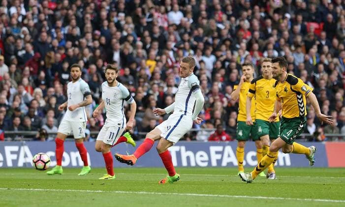 England s Jamie Vardy scoring his sides second goal during the World Cup Qualifying match at Wembley Stadium, London. Picture date: March 26th, 2017. Pic credit should read: David Klein Sportimage EDITORIAL USE ONLY. No use with unauthorised audio, video, data, fixture lists, club league logos or live services. Online in-match use limited to 120 images, no video emulation. No use in betting, games or single club league player publications.