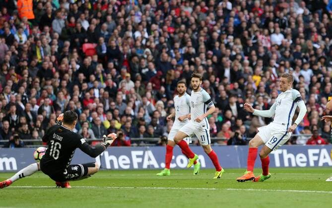 England s Jamie Vardy scoring his sides second goal during the World Cup Qualifying match at Wembley Stadium, London. Picture date: March 26th, 2017. Pic credit should read: David Klein Sportimage EDITORIAL USE ONLY. No use with unauthorised audio, video, data, fixture lists, club league logos or live services. Online in-match use limited to 120 images, no video emulation. No use in betting, games or single club league player publications.