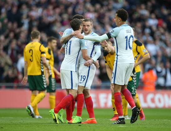 England s Jamie Vardy celebrates scoring his sides second goal during the World Cup Qualifying match at Wembley Stadium, London. Picture date: March 26th, 2017. Pic credit should read: David Klein Sportimage EDITORIAL USE ONLY. No use with unauthorised audio, video, data, fixture lists, club league logos or live services. Online in-match use limited to 120 images, no video emulation. No use in betting, games or single club league player publications.