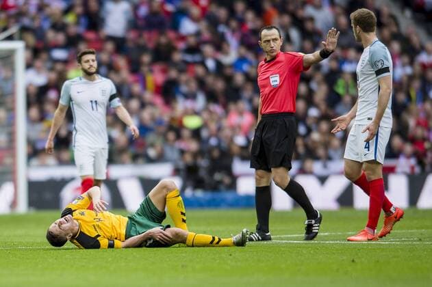 Egidijus Vaitk?nas of Lithuania lays injured during the 2018 World Cup Qualifier Group F match between England and Lithuania at Wembley Stadium, London, England on 26 March 2017. Copyright: xDarrenxMusgrovex 14620046
