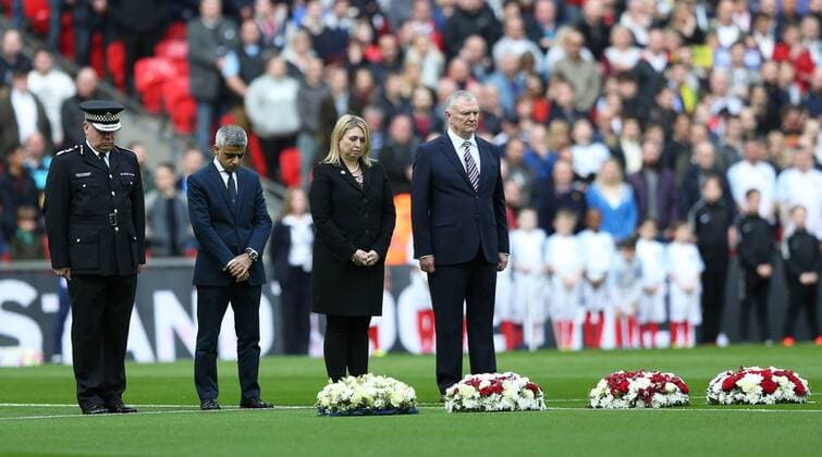 March 26th 2017, Wembley Stadium, London, England; World Cup 2018 Qualification football, England versus Lithuania; Mayor of London Sadiq Khan, FA chairman Greg Clarke, Acting Met Commissioner Craig Mackey and Karen Bradley, Secretary of State for Culture, Media and each lay a wreath in memory of those who died in the Westminster terror attacks ahead of England& x2019;s World Cup qualifying match against Lithuania xJohnxPatrickxFletcherx  ActionPlus11860853