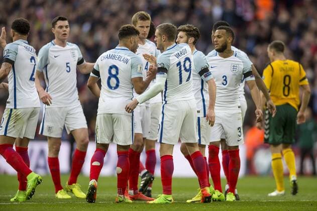 Jamie Vardy of England is congratulated by team mates after scoring their second goal during the 2018 World Cup Qualifier Group F match between England and Lithuania at Wembley Stadium, London, England on 26 March 2017. Copyright: xDarrenxMusgrovex 14620062