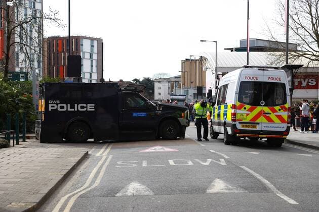 Armoured police vehicle outside Wembley Stadium before the England v Lithuania World Cup Qualifier played at Wembley Stadium, on March 26, 2017. 