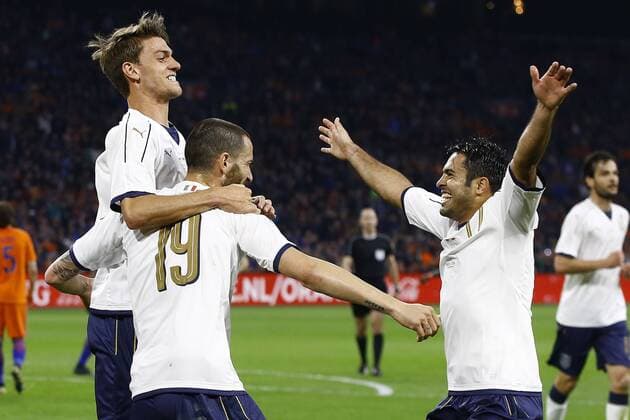 (l-r) Daniele Rugani of Italy, Leonardo Bonucci of Italy scored, Citadin Martins Eder of Italyduring the friendly match between Netherlands and Italy at the Amsterdam Arena on March 28, 2017 in Amsterdam, The Netherlands Netherlands v Italy Friendly match 2016 2017 xVIxxIVx 7445887