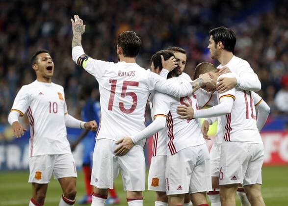 Partido amistoso disputado entre Francia y Espana en el Stade de France de Paris. En la imagen, David Silva celebra el primer tanto. Friendly match played between France ans Spain at the Stade de Grande in Paris. In this picture, David Silva celebrates first goal. xPabloxGarciax 
