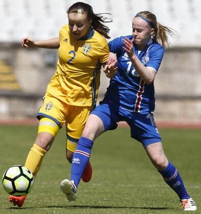 March 28, 2017 - Oeiras, Lisbon, Portugal - Cornelia Kapocs of Sweden vies for the ball with Stefana Ragnarsdttir of Iceland during the UEFA U17 U 17 Women s Championship Qualifier match between Iceland and Sweden at National stadium on March 28, 2017 in Oeiras, Portugal. Iceland v Sweden - UEFA U17 Women s Championship  - ZUMAn230 20170328_zaa_n230_187 Copyright: xFilipexAmorimx