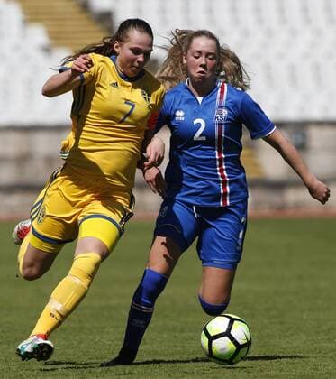 March 28, 2017 - Oeiras, Lisbon, Portugal - Frida Thornqvist of Sweden and Danela Dogg Guonadttir of Iceland during the UEFA U17 U 17 Women s Championship Qualifier match between Iceland and Sweden at National stadium on March 28, 2017 in Oeiras, Portugal. Iceland v Sweden - UEFA U17 Women s Championship  - ZUMAn230 20170328_zaa_n230_196 Copyright: xFilipexAmorimx