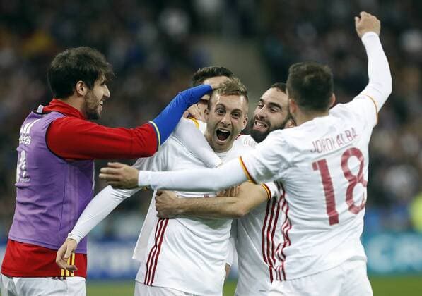 Partido amistoso disputado entre Francia y Espana en el Stade de France de Paris. En la imagen, Deulofeu celebra el segundo tanto. Friendly match played between France ans Spain at the Stade de Grande in Paris. In this picture, Deulofeu celebrates second goal. xPabloxGarciax 