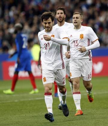 Partido amistoso disputado entre Francia y Espana en el Stade de France de Paris. En la imagen, David Silva celebra el primer tanto. Friendly match played between France ans Spain at the Stade de Grande in Paris. In this picture, David Silva celebrates first goal. xPABLOxGARCIAx 