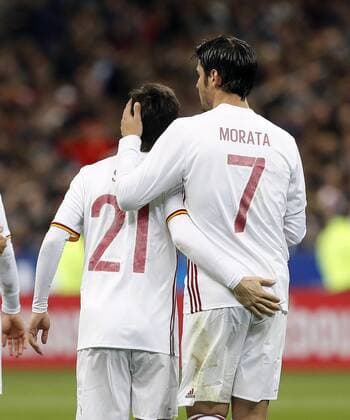 Partido amistoso disputado entre Francia y Espana en el Stade de France de Paris. En la imagen, David Silva celebra el primer tanto con Morata. Friendly match played between France ans Spain at the Stade de Grande in Paris. In this picture, David Silva celebrates first goal with Morata. xPabloxGarciax 