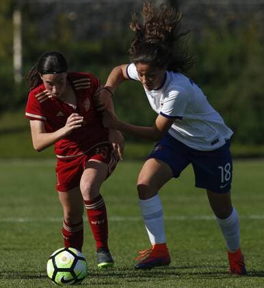 March 28, 2017 - Oeiras, Lisbon, Portugal - Eva Maria Navarro of Spain and Sofia Silva of Portugal during the UEFA U17 U 17 Women s Championship Qualifier match between Spain and Portugal at Cidade do Futebol stadium on March 28, 2017 in Oeiras, Portugal. Spain v Portugal - UEFA U17 Women s Championship  - ZUMAn230 20170328_zaa_n230_268 Copyright: xFilipexAmorimx