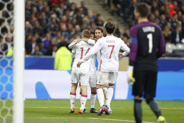 joie David Jimenez Silva (Espagne) et l equipe FOOTBALL : France vs Espagne - Match Amical - 28 03 2017 GwendolineLeGoff Panoramic 