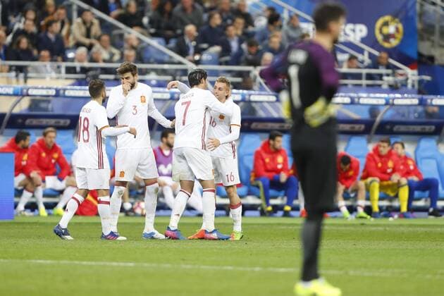 joie Gerard Deulofeu (Espagne) et equipe FOOTBALL : France vs Espagne - Match Amical - 28 03 2017 GwendolineLeGoff Panoramic 