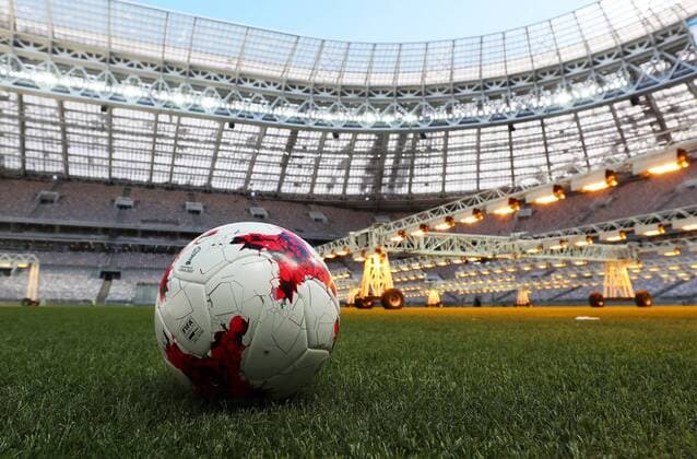 MOSCOW, RUSSIA - MARCH 29, 2017: The Adidas Krasava ball seen at the Luzhniki Stadium being renovated ahead of the 2018 FIFA World Cup WM Weltmeisterschaft Fussball Valery Sharifulin TASS  TS045E8B