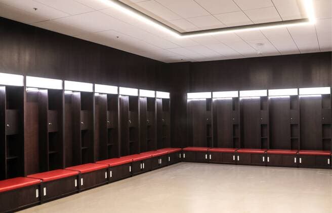 MOSCOW, RUSSIA - MARCH 29, 2017: A locker room at the Luzhniki Stadium that is being renovated ahead of the 2018 FIFA World Cup WM Weltmeisterschaft Fussball Valery Sharifulin TASS  TS045ED2