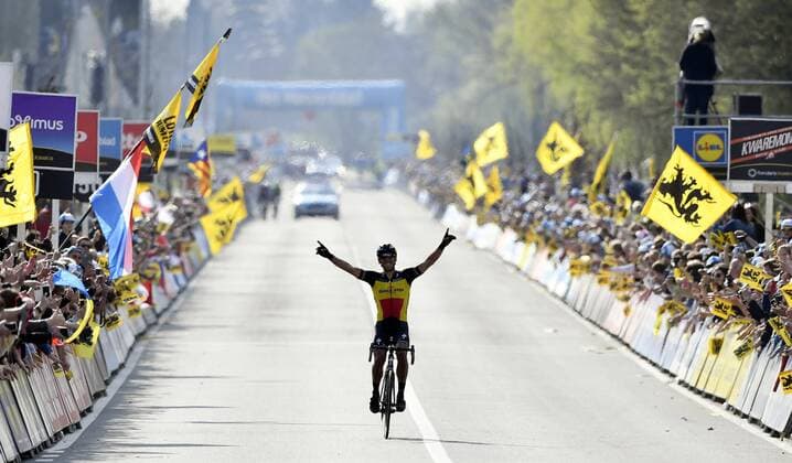 Belgian Philippe Gilbert of Quick-Step Floors celebrates as he crosses the finish line at the 101st edition of the Ronde van Vlaanderen - Tour des Flandres - Tour of Flanders one day cycling race, 260km from Antwerp to Oudenaarde, Sunday 02 April 2017. ERICxLALMAND  x05076532x