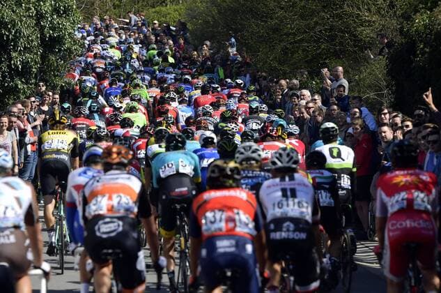 Illustration picture shows the pack of riders in action during the 101st edition of the Ronde van Vlaanderen - Tour des Flandres - Tour of Flanders one day cycling race, 260km from Antwerp to Oudenaarde, Sunday 02 April 2017. POOLxPETERxDExVOECHT  x05076620x
