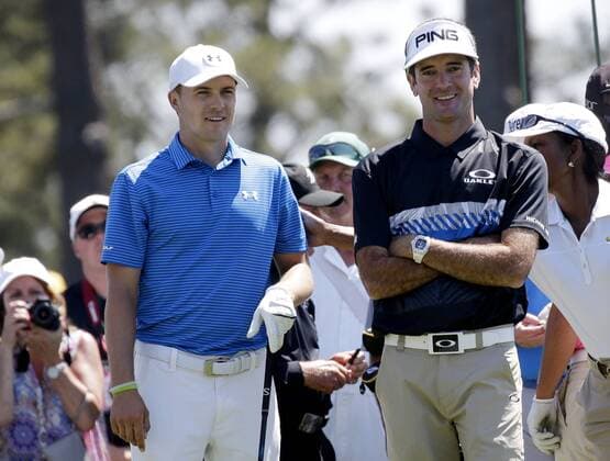 Bubba Watson and Jordan Spieth wait to hit a tee shot while playing a practice round at the 2017 Masters Tournament at Augusta National Golf Club in Augusta, Georgia on April 2, 2017.  AUG20170402111 JOHNxANGELILLO