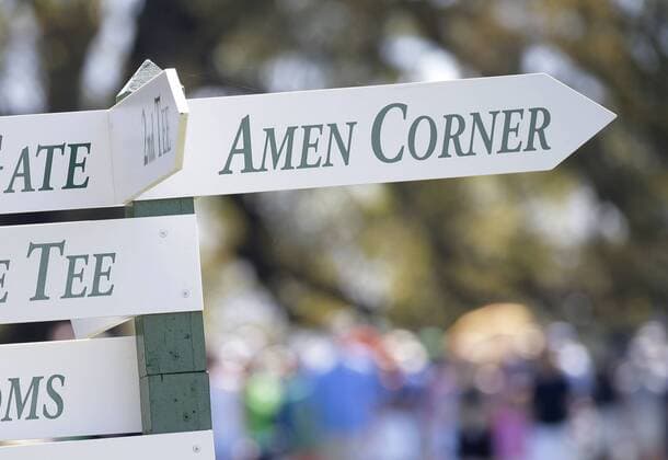 A sign points out the direction to Amen Corner at the 2017 Masters Tournament at Augusta National Golf Club in Augusta, Georgia on April 2, 2017.  AUG20170402114 JOHNxANGELILLO