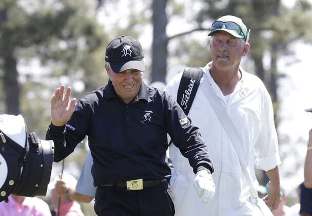 Gary Player waves after he hits a tee shot while playing a practice round at the 2017 Masters Tournament at Augusta National Golf Club in Augusta, Georgia on April 2, 2017.  AUG20170402122 JOHNxANGELILLO
