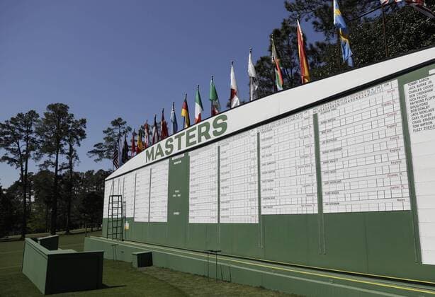 The par 3 championship entries are on a tournament score board at the 2017 Masters Tournament at Augusta National Golf Club in Augusta, Georgia on April 2, 2017.  AUG20170402123 JOHNxANGELILLO