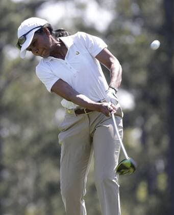 Former United States Secretary of State Condoleezza Rice hits a tee shot at a practice round at the 2017 Masters Tournament at Augusta National Golf Club in Augusta, Georgia on April 2, 2017.  AUG20170402102 JOHNxANGELILLO