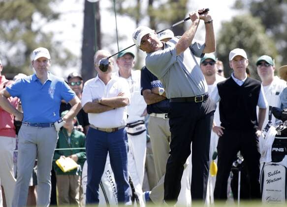 Fredie Couples hits a tee shot while playing a practice round at the 2017 Masters Tournament at Augusta National Golf Club in Augusta, Georgia on April 2, 2017.  AUG20170402105 JOHNxANGELILLO