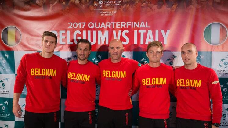 L-R, Belgian Joris De Loore, Belgian Ruben Bemelmans, Belgian captain Johan Van Herck, Belgian David Goffin and Belgian Steve Darcis pose for the photographer after a press conference PK Pressekonferenz of Belgian team ahead of the Davis Cup World Group quarterfinal between Belgium and Italy, Tuesday 04 April 2017, in Charleroi. This Davis Cup game will be played from 07 to 09 April 2017 in Charleroi. BENOITxDOPPAGNE  x05077318x