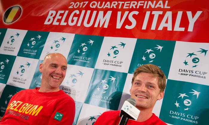 Belgian captain Johan Van Herck and Belgian David Goffin pictured during a press conference PK Pressekonferenz of Belgian team ahead of the Davis Cup World Group quarterfinal between Belgium and Italy, Tuesday 04 April 2017, in Charleroi. This Davis Cup game will be played from 07 to 09 April 2017 in Charleroi. BENOITxDOPPAGNE  x05077330x