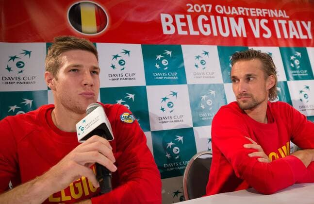 Belgian Joris De Loore and Belgian Ruben Bemelmans pictured during a press conference PK Pressekonferenz of Belgian team ahead of the Davis Cup World Group quarterfinal between Belgium and Italy, Tuesday 04 April 2017, in Charleroi. This Davis Cup game will be played from 07 to 09 April 2017 in Charleroi. BENOITxDOPPAGNE  x05077324x
