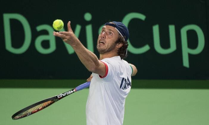 Italian Paolo Lorenzi pictured during a training session of Italian team ahead of the Davis Cup World Group quarterfinal between Belgium and Italy, Tuesday 04 April 2017, in Charleroi. This Davis Cup game will be played from 07 to 09 April 2017 in Charleroi. BENOITxDOPPAGNE  x05077388x