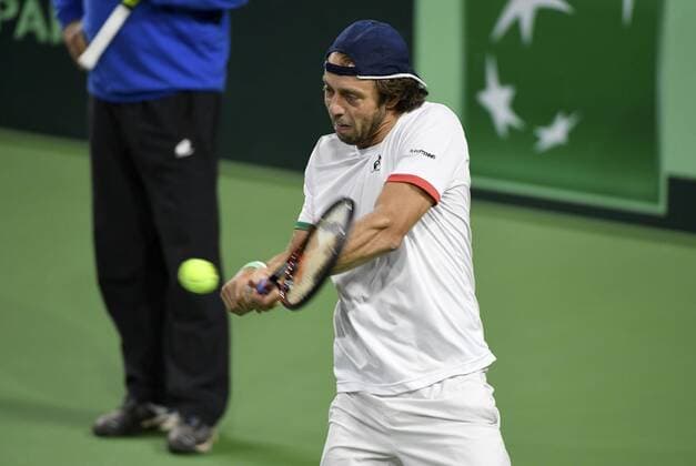 CHARLEROI - APRIL 4, 2017 : Paolo Lorenzi of Italy pictured during practice session before Davis Cup World quarterfinal match between Belgium and Italy in the Spiroudome on april 7 till 9 april, 2017 in Charleroi 4 04 2017 Belgium TENNIS : Entrainement Equipe Italie - Coupe Davis - Charleroi - 04 04 2017 PhotoNews Panoramic  700029173