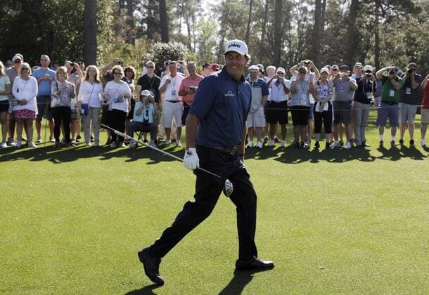 Phil Mickelson smiles while playing a practice round on Tuesday at the 2017 Masters Tournament at Augusta National Golf Club in Augusta, Georgia on April 4, 2017.  AUG20170404143 JOHNxANGELILLO
