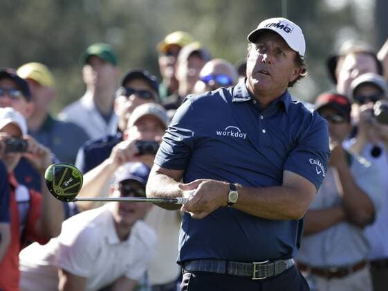 Phil Mickelson hits a tee shot at a practice round on Tuesday at the 2017 Masters Tournament at Augusta National Golf Club in Augusta, Georgia on April 4, 2017.  AUG20170404124 JOHNxANGELILLO