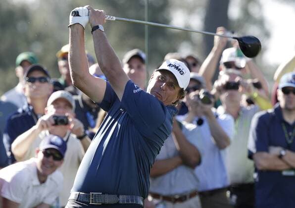 Phil Mickelson hits a tee shot at a practice round on Tuesday at the 2017 Masters Tournament at Augusta National Golf Club in Augusta, Georgia on April 4, 2017.  AUG20170404125 JOHNxANGELILLO