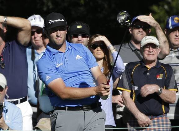 Jon Rahm of Spain hits a tee shot at a practice round on Tuesday at the 2017 Masters Tournament at Augusta National Golf Club in Augusta, Georgia on April 4, 2017.  AUG20170404131 JOHNxANGELILLO