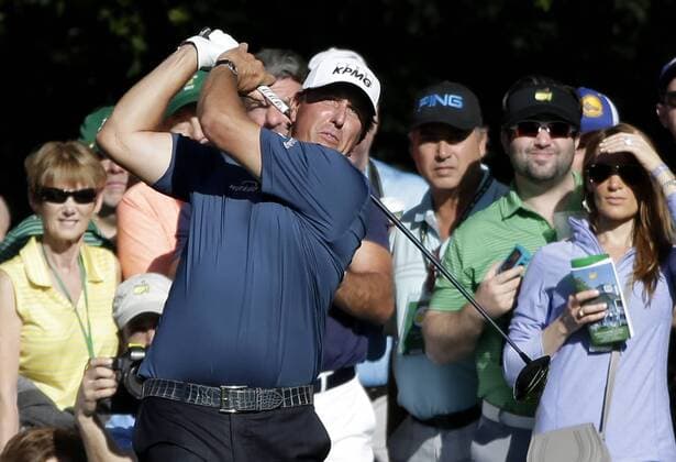 Phil Mickelson hits a tee shot at a practice round on Tuesday at the 2017 Masters Tournament at Augusta National Golf Club in Augusta, Georgia on April 4, 2017.  AUG20170404132 JOHNxANGELILLO