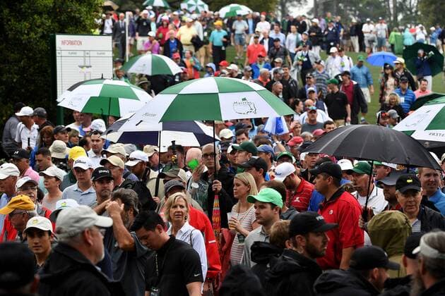 April 5, 2017 - Augusta, GA, USA - Patrons leave the course at Augusta National Golf Club as inclement weather approaches on Wednesday, April 5, 2017. Patrons were notified by a horn and statement to leave the course shortly after 10 a.m. Player practice was suspended and the Par 3 tournament was canceled. Masters practice canceled due to weather - ZUMAm67_ 20170405_zaf_m67_007 Copyright: xJeffxSinerx