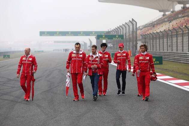 Chinese Grand Prix, Shanghai 06 - 09 April 2017 06.04.2017 - (L-R) Jock Clear (GBR) Ferrari Engineering Director, Riccardo Adami (ITA) Ferrari Race Engineer and Sebastian Vettel (GER) Scuderia Ferrari SF70H with Charles Leclerc (MON) Test Driver, Ferrari 